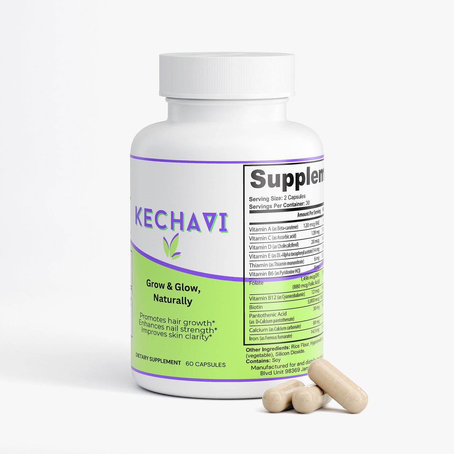 KECHAVI Natural Multivitamin + Hair Smoothie Recipe E-Book + Daily Haircare Guide